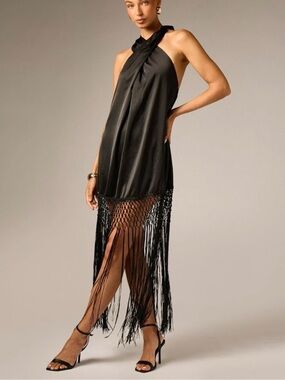 Halter Neck Satin Mini Dress With Macrame Net And Long Fringe Hem Backless